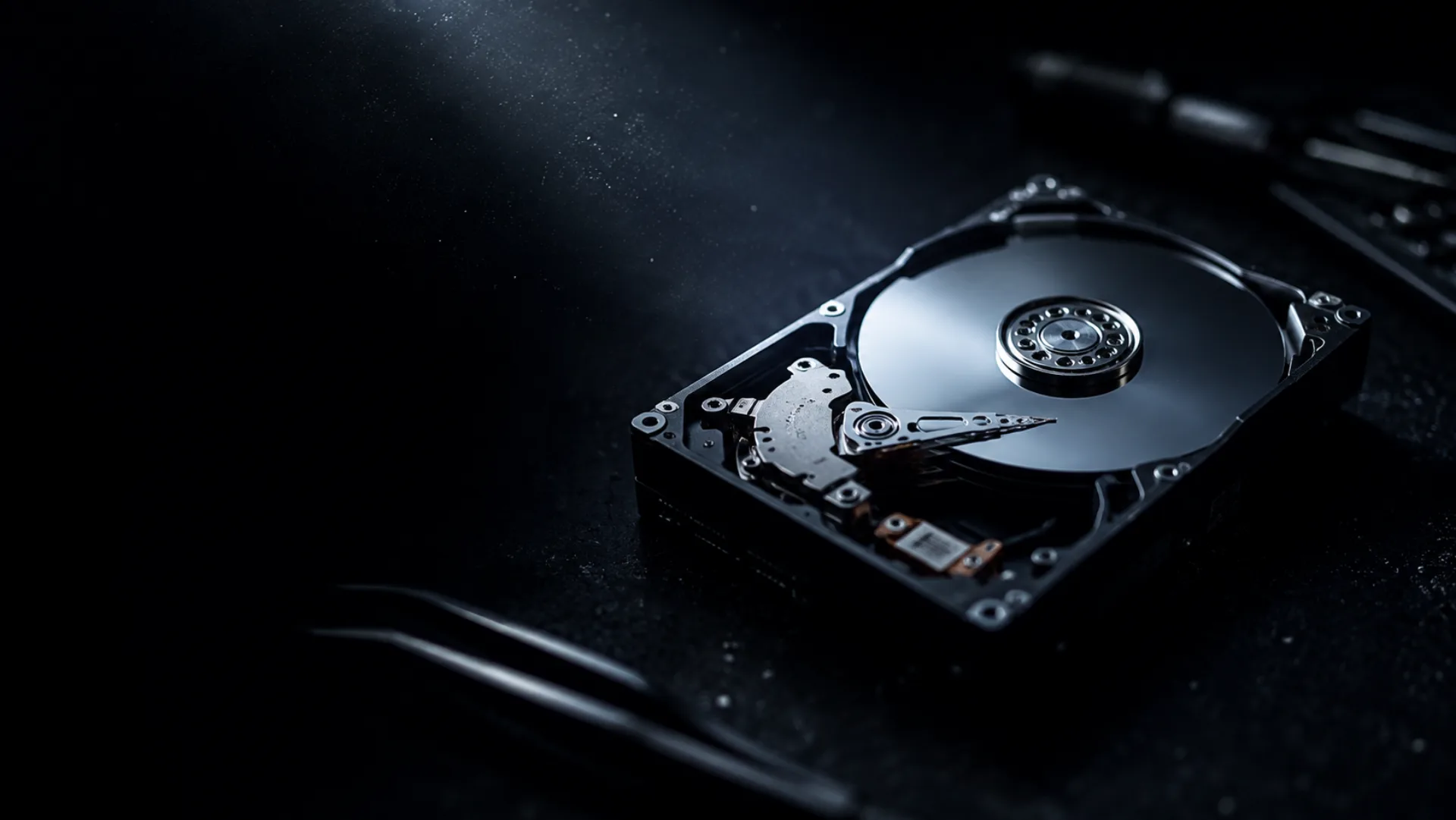 Un disque ouvert sur l'établi, ses plateaux sous une lumière froide, les pincettes à côté.